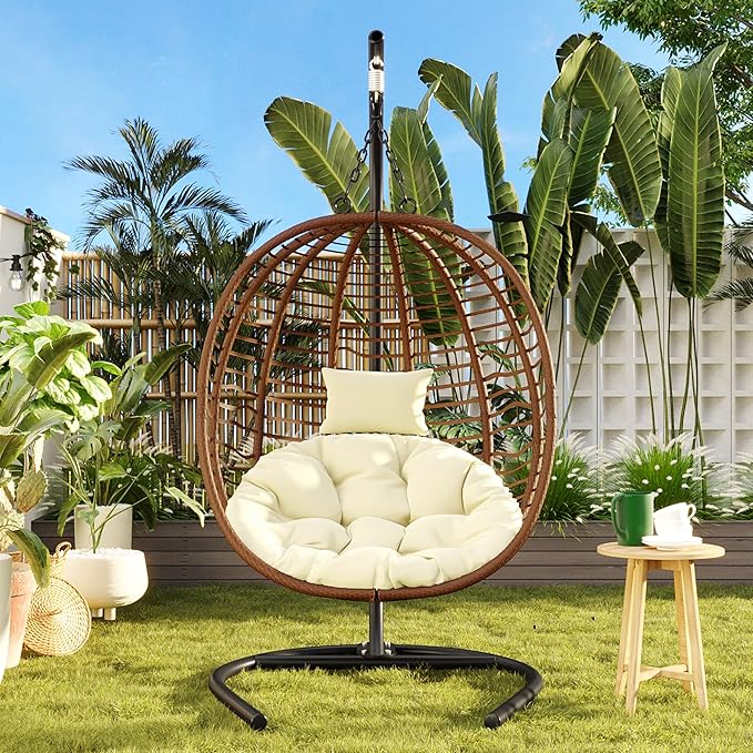 Folding Egg Chair, Outdoor Hanging Hammock Chair with Stand, Patio Wicker Hanging Chair with Iron Frame and Plush Cushion & Removable Headrest for Bedroom, Balcony, Garden (C-BrownBeige)