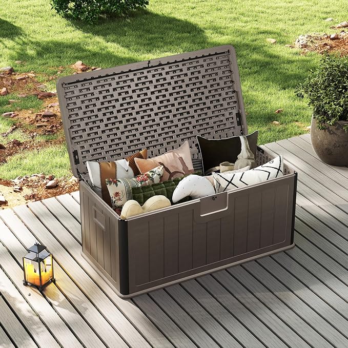 HAPPYGRILL Outdoor Storage Deck Box with Lockable Design & Gas Strut, Handle, 100 Gallon HDPE Patio Storage Organizer for Lawn Backyard Poolside (Brown)