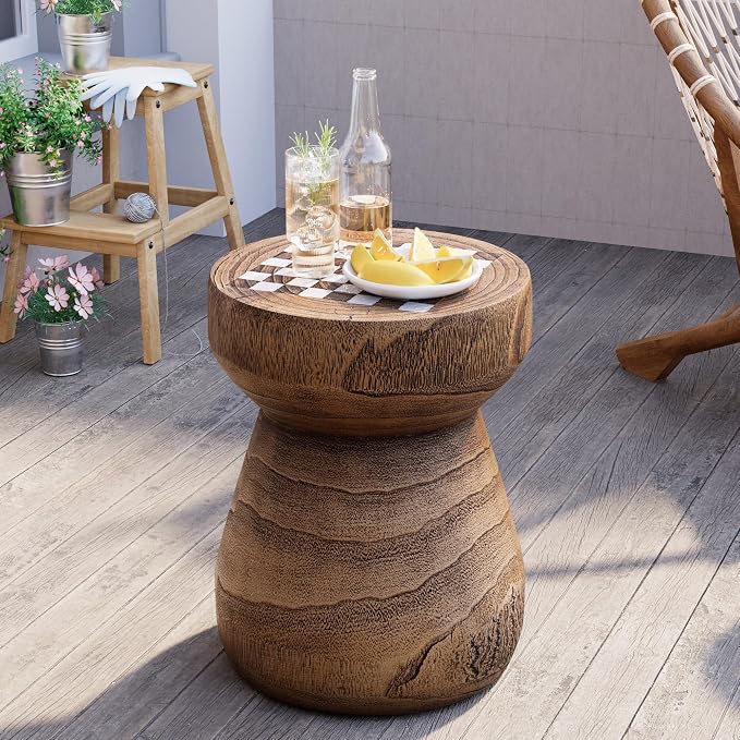 HOMPUS Outdoor Side Table with White Checkerboard Grain Tabletop Mushroom Shaped MgO Lightweight End Tables Modern Vintage Patio Accent Table for Indoor Outdoor Use, Brown & White