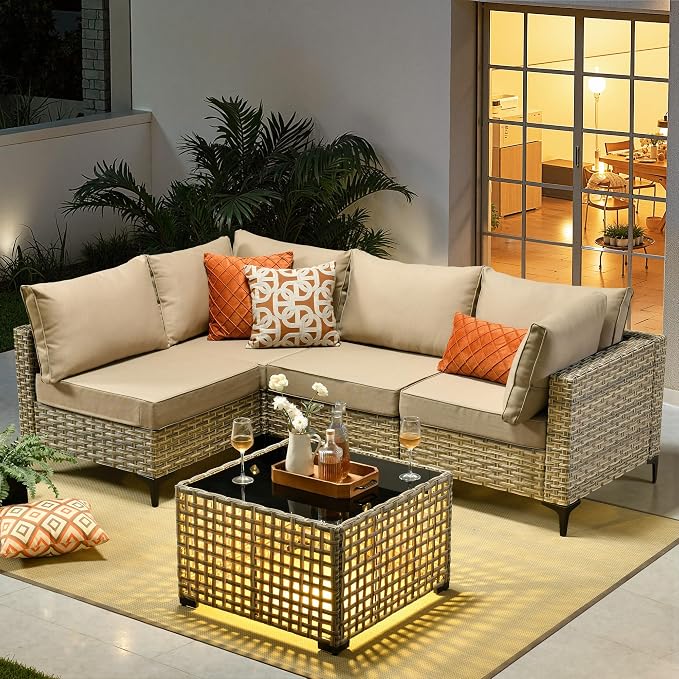 Outdoor Sectional Patio Furniture Set,5 Pieces Rattan Wicker Conversation Sets L Shaped Couch,Outside Furniture with Glowing Coffee Table,Beige