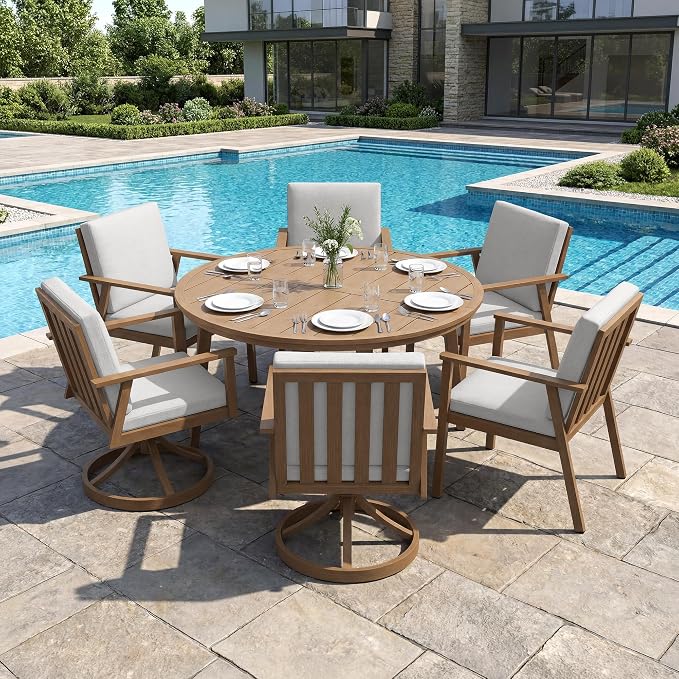 7 Pieces Teak Round Patio Dining Set, Aluminum Outdoor Dining Set Includes Oversize Round Dining Table, 4 Dining Chairs & 2 Swivel Chairs, Outdoor Table and Chairs Set for Yard, Deck, Lawn