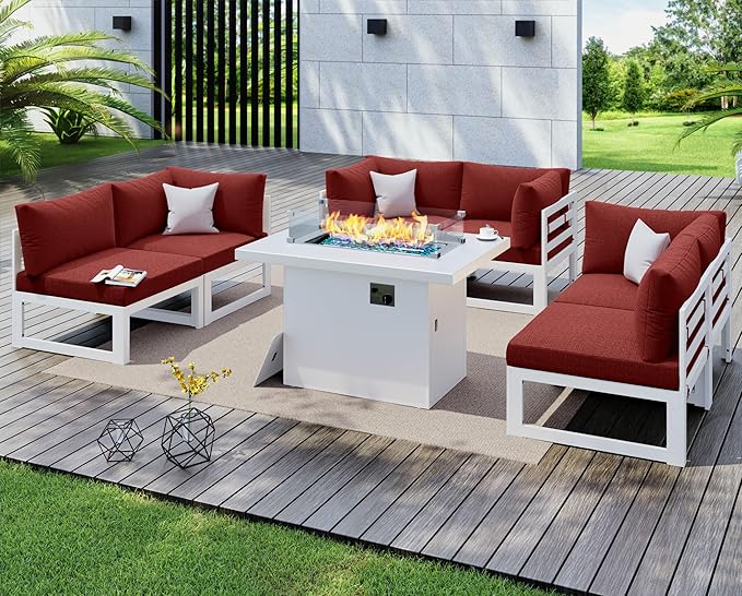 NICESOUL 6 People Large Luxury Aluminum Patio Conversation Set with Fire Pit Table Propane/Gas, 29" Deep Wide U Shaped Sectional Couch, 500 lbs Heavy Duty All Weather Outdoor Sofa for Backyard, Red