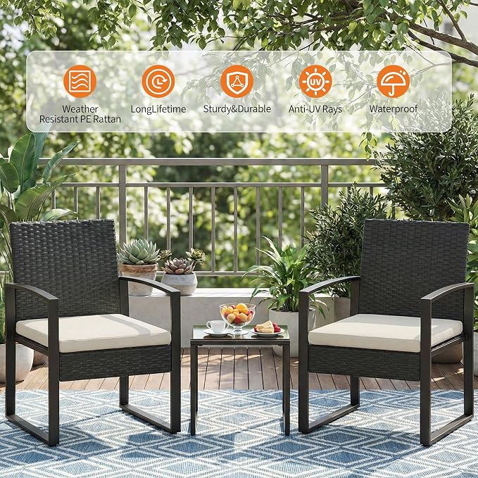 IDEALHOUSE 3 Piece Outside Patio Furniture Set, Outdoor Wicker Chair Conversation Set with Glass Coffee Table, PE Rattan Patio Furniture for Backyard, Porch, Patio, Poolside (No Rocking)