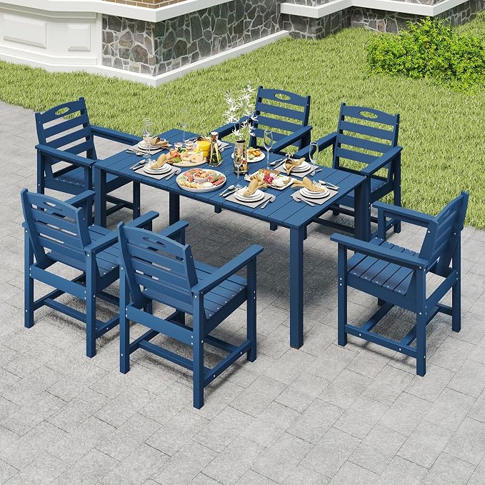 Domi HDPE Outdoor Dining Set, All-Weather 7 Piece Outdoor Dining Table Set with 2" Umbrella Hole, Outdoor Patio Dining Set for Garden, Poolside, Backyard, Deck, Blue