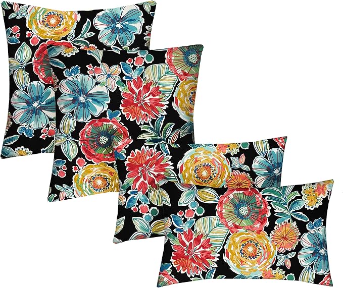 RSH DECOR: Lumbar & Square Throw Pillows Set of 4 | 20" x 12" & 17" x 17" | All-Weather Spun Fabric | Water and Fade-Resistant | Outdoor Accent Pillows for Patio Furniture | Colsen Noir - Made in USA