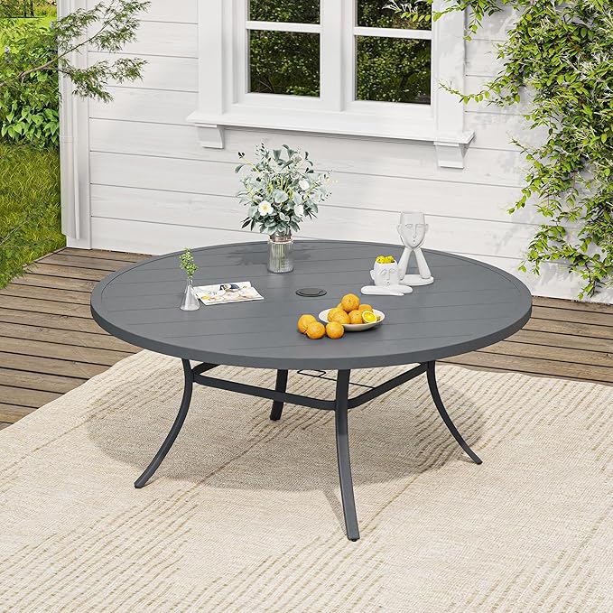 VICLLAX Outdoor Table and Chairs Set for 8, Patio Dining Set of 60 Metal Round Patio Table with Umbrella Hole & 8 Swivel Outdoor Dining Chairs for Backyard Lawn, Grey & Dark Grey