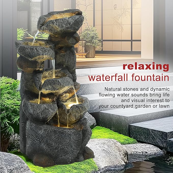 6-Tiers Cascading Outdoor Water Fountain with 6 LED Lights, Garden Fountain with Waterfalls for Home Garden, Patio, Porch and Backyard Art Decor, Natural Stone, Soothing Sound, Gray