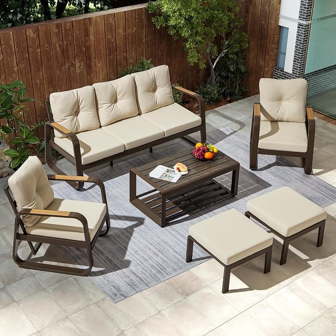 6 Pcs Aluminum Patio Furniture Set with Coffee Table Outdoor Conversation Sofa Set Include Adjustable 3-Seater Sofa, 2 Hydraulic Chair, 2 Ottoman for Balcony, Garden, Poolsid （Beige）