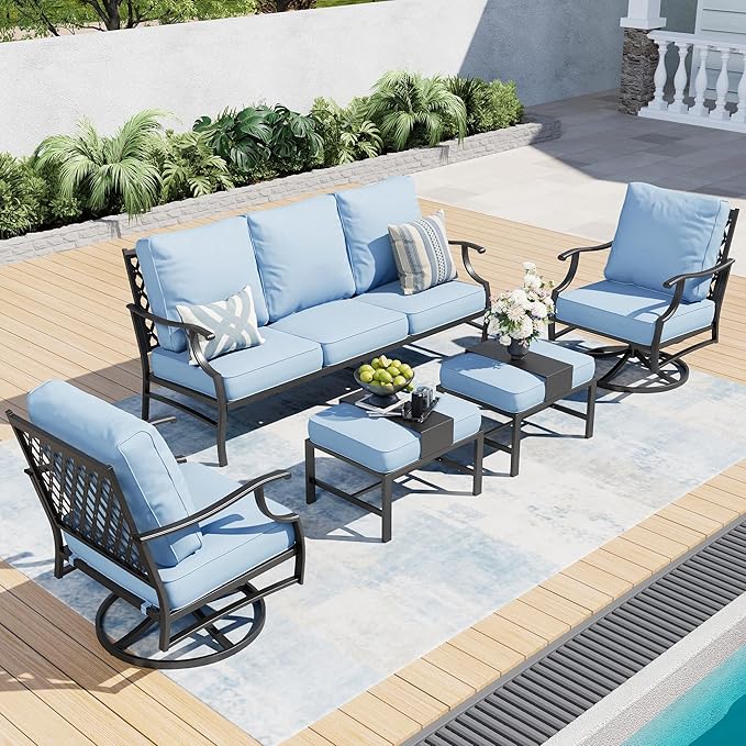 5 Piece Metal Outdoor Patio Furniture Sets, Patio Conversation Sets 1 3-Seater Sofa, 2 Swivel Chairs, 2 Ottomans with 5.75" Thick Cushion, Black All-Weather Backyard Furniture, Blue