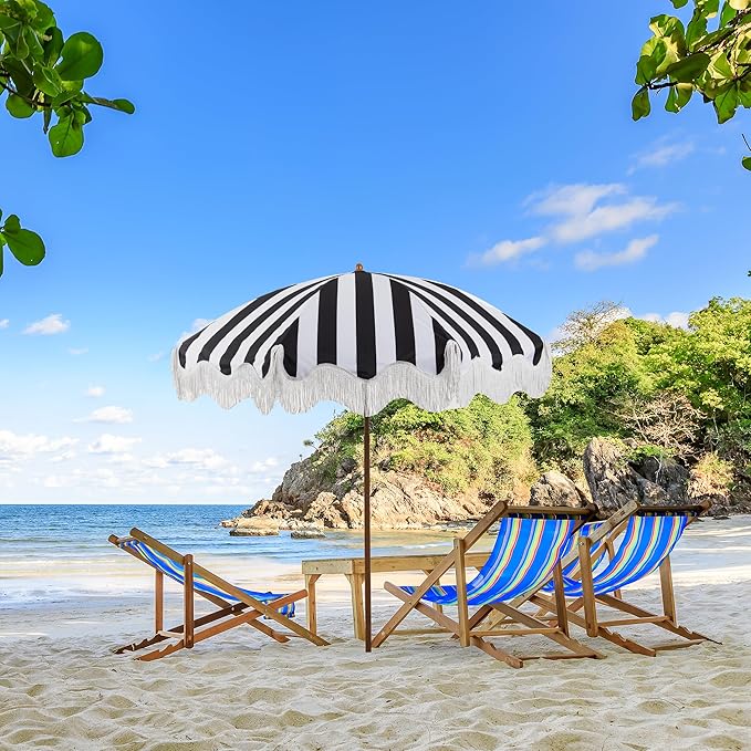 Rayjee 6.5FT Patio Umbrella with Fringe, UV Protection Beach Umbrella with Tilt & Adjustable Height, Includes Carry Bag & Ground Stake, Outdoor Umbrella for Pool, Garden, Backyard