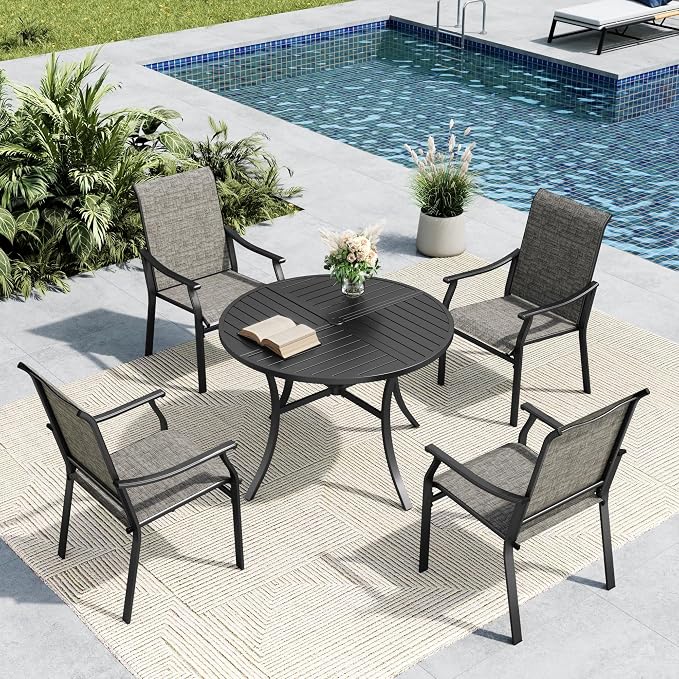 MFSTUDIO 5 Piece Outdoor Dining Set w/Round Metal Table & Sling Chairs | Weather-resistant, 4 person, Breathable & quick-drying Textilene, Umbrella hole, Outdoor deck backyard
