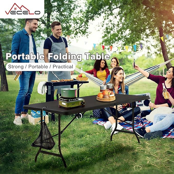 VECELO 6 FT Thick Top Picnic Table with Portable Mesh Bag, Folding Table with Strong Side Support, 500lbs Capacity for Outdoor Camping, Party, Dining - Black