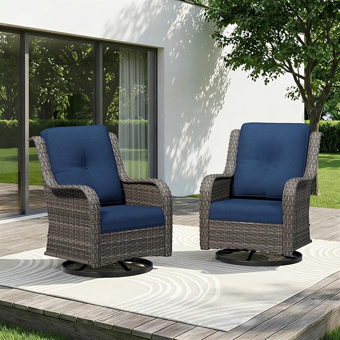 Swivel Rocker Patio Chairs Set of 2 - Outdoor Wicker Patio Furniture Set 2 Pieces with Thickened Olefin Cushions, High Back and Deep Seating, Hand-Woven PE Rattan for Porch, Deck, Blue