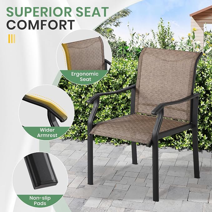 LVUYOYO 5-Piece Outdoor Patio Dining Set, Textilene Dining Chairs & Square Table Set, All-Weather Table and Chairs Set with Umbrella Hole for Backyard, Garden,Balcony,Porch (Brown)