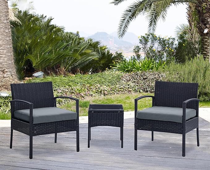 Manhattan Comfort Noli 3-Piece Patio Conversation Set, Outdoor Furniture Made of Steel Rattan | Includes 2 Modern Armchairs, Tempered Glass End Table, Removable Waterproof Cushions, Grey