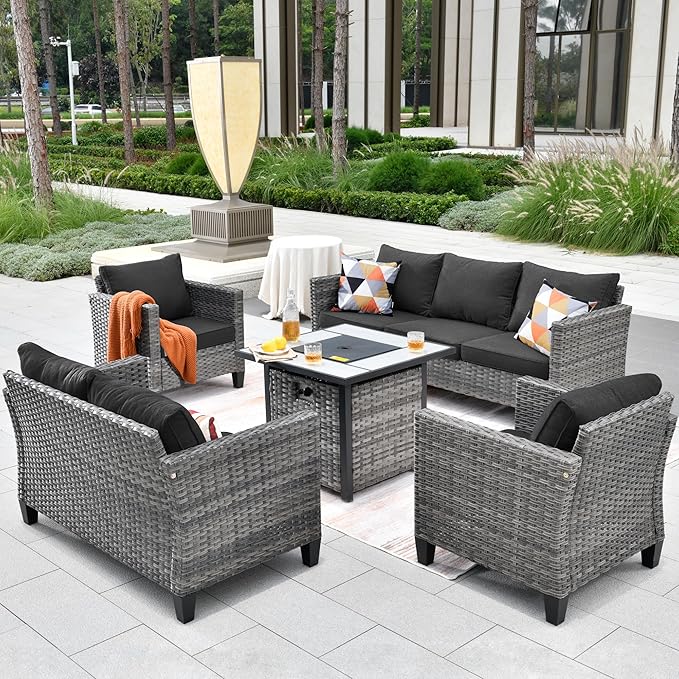 ovios 5 Pieces Patio Furniture Set, Outdoor Wicker Rattan Sofa Couch with 30" Fire Pit Table, Loveseat Chairs, Conversation Sets for Yard Porch Garden, Black