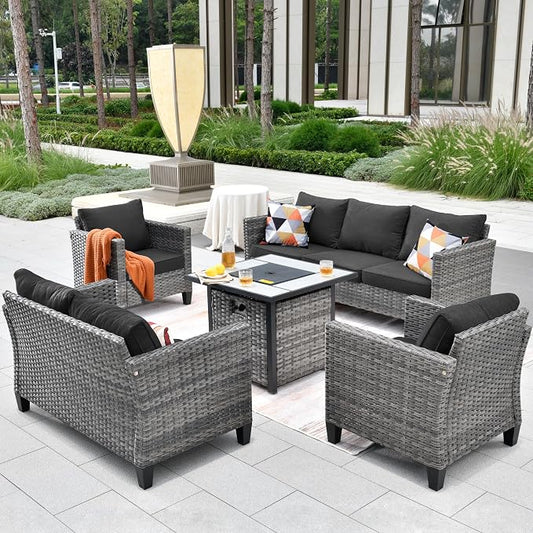 ovios 5 Pieces Patio Furniture Set, Outdoor Wicker Rattan Sofa Couch with 30" Fire Pit Table, Loveseat Chairs, Conversation Sets for Yard Porch Garden, Black