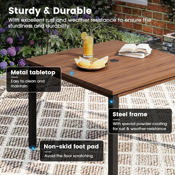 DIFY 5 Pieces Patio Dining Set, 40.2" Walnut Square Dining Table with Umbrella Hole and 4 Black Swivel Patio Chairs, All Weather Metal Outdoor Dining Furniture Set for Lawn Garden Balcony