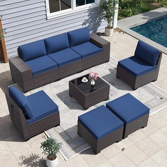 8 PCS Outdoor Patio Furniture Set,Outdoor Sectional Furniture All Weather PE Rattan Wicker Patio Conversation Set with 2 Ottomans and Coffee Table,Navy Blue