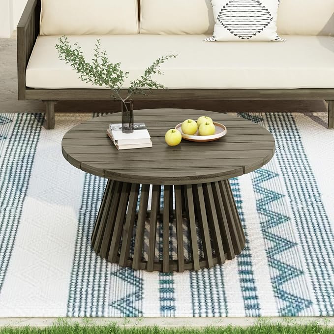 Wood Outdoor Round Coffee Table, Weather-Resistant Patio Table with Striped Base, for Garden, Deck, and Backyard, Grey