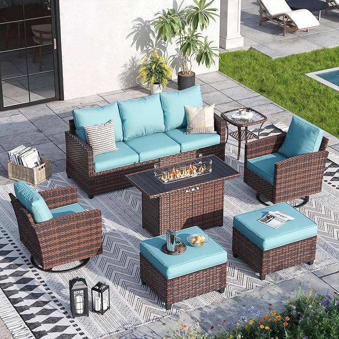 7 Pieces Patio Furniture Set with 44" Fire Pit Table, Outdoor Sectional Conversation Sets with Swivel Chair, Gas Fire Pit, Ottomans, Side Table, 4" Thick Cushion，for Backyard Garden Deck, Light Blue