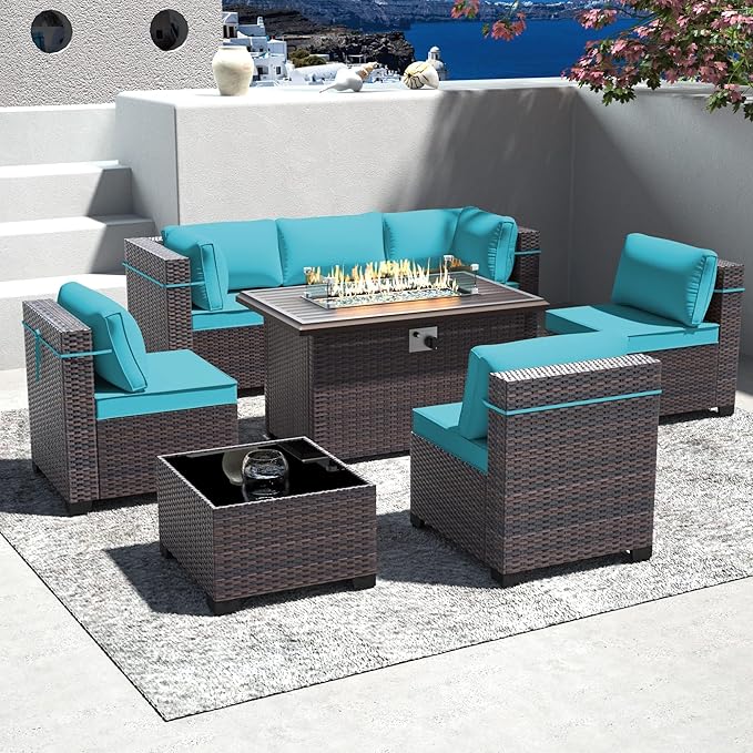 Outdoor Patio Furniture Set with Gas Fire Pit Table, 8 Pieces Outdoor Furniture Set Patio Sectional Sofa w/43in Propane Fire Pit, PE Wicker Rattan Patio Conversation Sets - Teal.