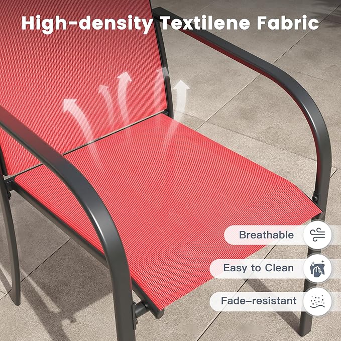 VICLLAX 7 Pieces Patio Outdoor Dining Set, 63" Rectangular Metal Dining Table with Umbrella Hole and 6 Stackable Textilene Chairs for Lawn, Garden, Porch, Black/Red