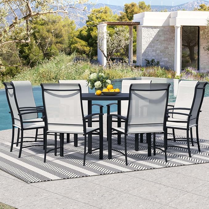 9-Piece Outdoor Dining Set for 8 – 60" Black Round Patio Table with Umbrella Hole & 8 White Outdoor Dining Chairs with Armrests, Large Poolside Furniture