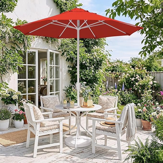 California Umbrella 8-Year Protection 7.5 Ft Outdoor Patio Umbrella, Solstice Fade-Resistant Fabric, Auto-Tilt, Heavy Duty Aluminum Frame, 8 Reinforced Ribs for Pool or Deck, White Pole, Sunset