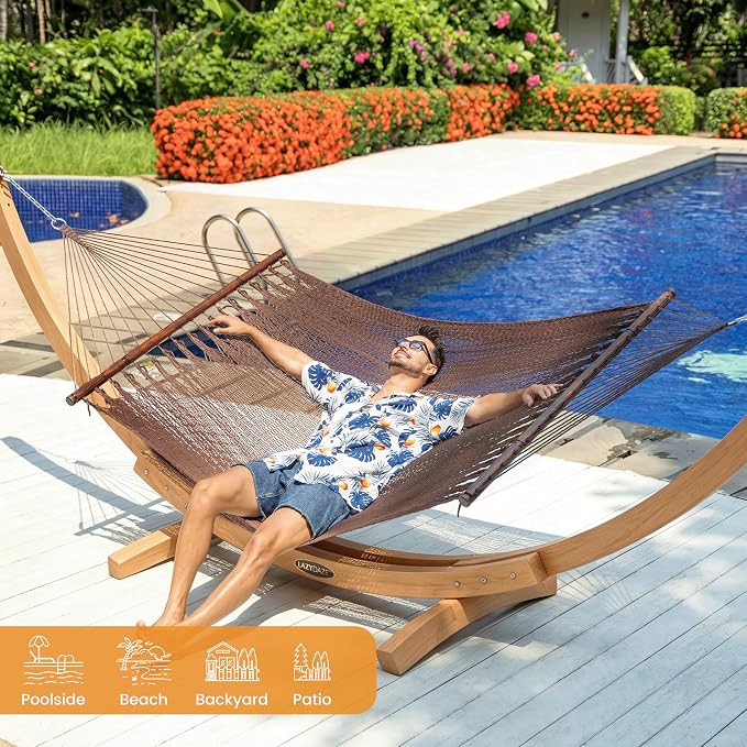 Lazy Daze Hammocks 2 Person Caribbean Rope Hammock with Wood Stand, 10.5FT Polyester Hammock with Spreader Bars, 13FT Heavy Duty Stand Combo, 450 LBS Capacity for Outdoor Backyard Poolside, Browm