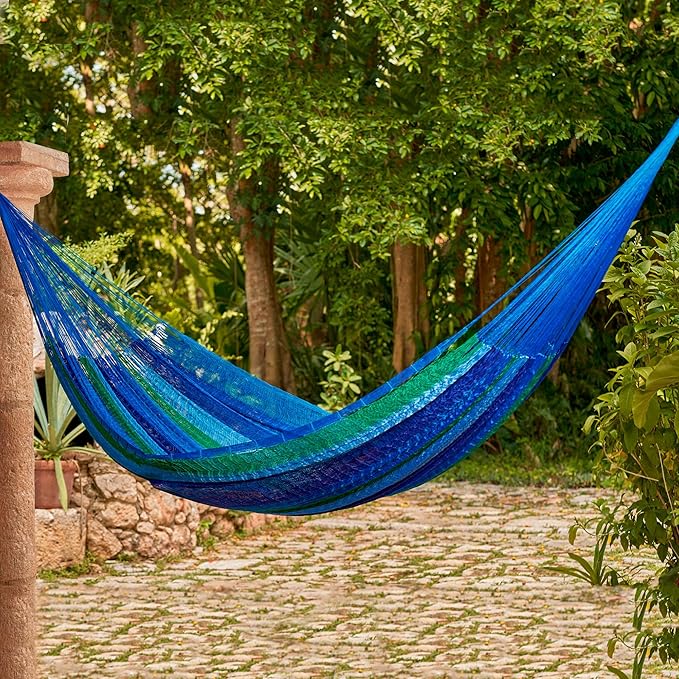 NOVICA Blue Green Striped Hand Woven Nylon Mayan 1 Person Rope Hammock, 'Sea Breeze' (Single)