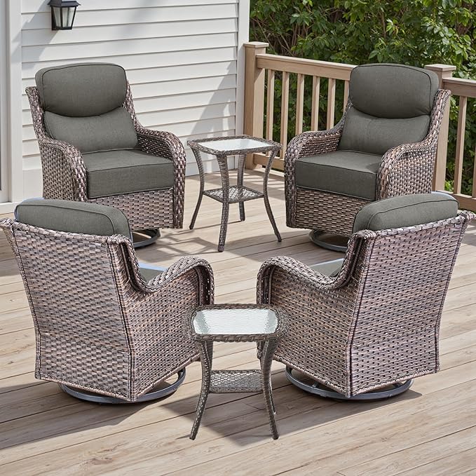 Rilyson Outdoor Patio Furniture Set - Weather Resistant Wicker,High Back,6 inch Cushions,6 Piece Patio Furniture Set with Swivel Rocker Chairs and Side Table for Deck Porch Yard,Brown/Grey