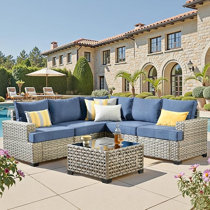 Outdoor Sectional Patio Furniture Set,6 Pieces Wicker Conversation Sets L Shaped Couch,Outdoor Sofa Outside Furniture with Solar-Powered Coffee Table(Light Blue)
