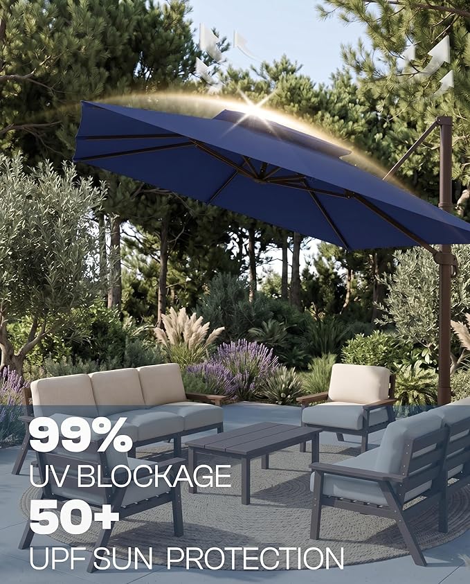11' Patio Umbrella, Double Top Aluminum Cantilever Umbrella with 360°Rotation, Offset Patio Umbrella with Easy Tilt for Pool Deck Garden Backyard, Navy Blue (Base not Included)