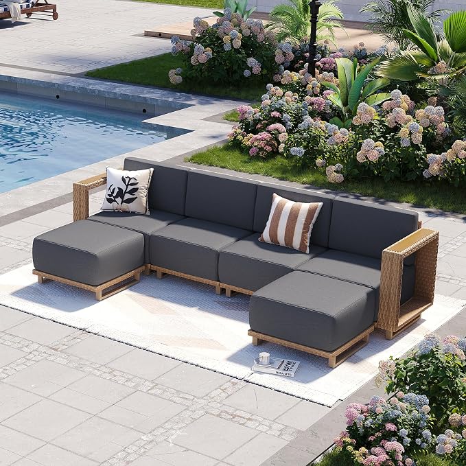 Aoxun Patio Furniture Set, 6 Piece Outdoor Wicker Sectional Sofa Set, All-Weather Rattan with 10'' Ultra-Thick Cushions, Outdoor Conversation Set for Backyard, Poolside and Garden, Yellow/Dark Gray