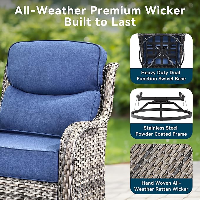 Luxury Outdoor Swivel Rocker Patio Chairs-4 Pieces High Back Swivel Rocker Patio Chairs with Thick Cushions All Weather Wicker Outdoor Furniture Set for Deck Porch Balcony(Grey/Blue)