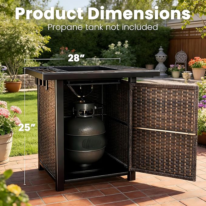 28" Square Fire Pit Table, Outdoor Propane Gas Firepit with Lid & Glass Wind Guard, 50,000 BTU, CSA Listed, Brown Wicker Rattan for Patio, Garden, Backyard, Deck