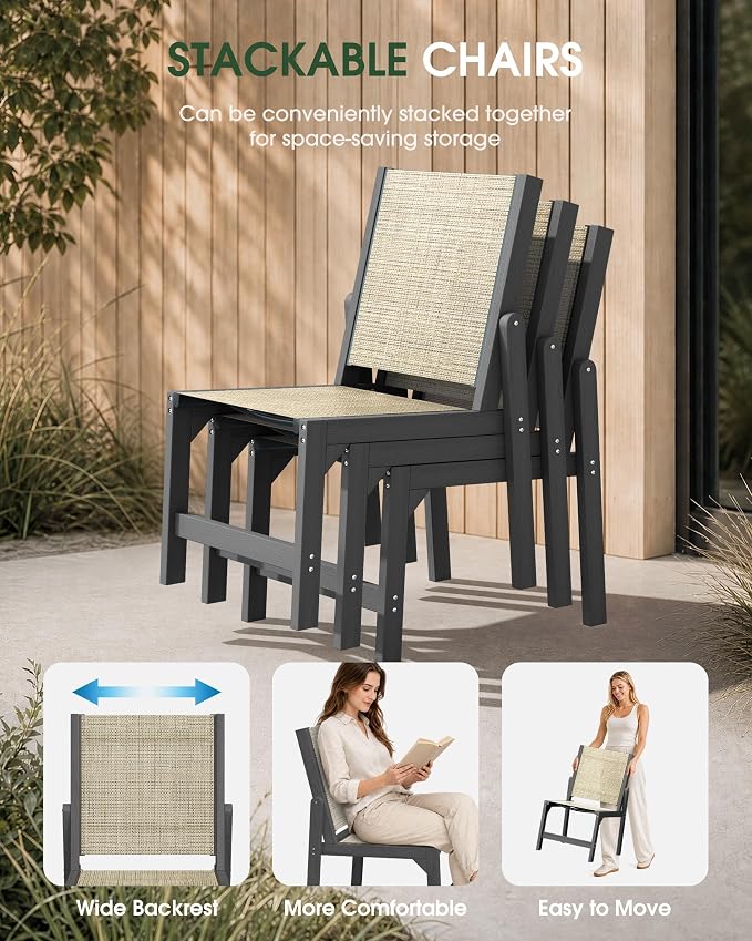 Patio Stackable Chair, HDPE Armless Outdoor Dining Chairs with Wide Seat, All-Weather Textilene Oversized Porch Chair for Garden, Poolside, Backyard, Deck | Grey