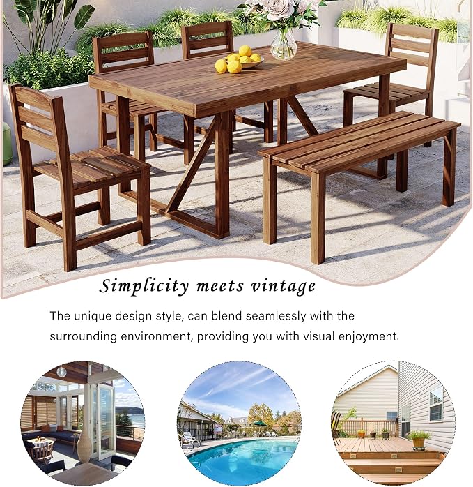 6 Piece Patio Dining Set with Dining Table and Chairs Set, Wood Outdoor Table with Bench, Rectangular Table Set for Balcony and Backyard (Brown)