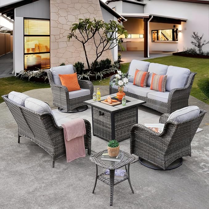 ovios 6 Pieces Patio Furniture Set with 30 inch Fire Pit Table, Outdoor Wicker Sofa Couch Loveseat, Swivel Rocking Glider Chairs, Modern Conversation Set, Grey Rattan, Grey