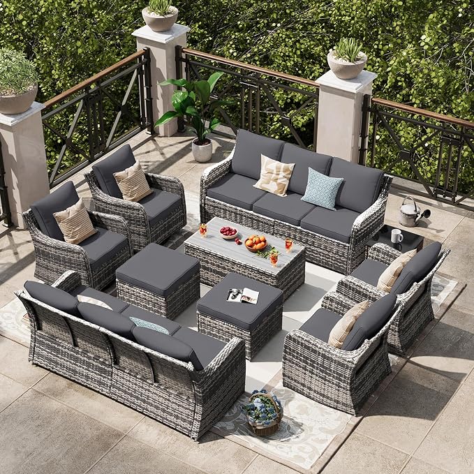 MEISSALIVVE Outdoor Patio Furniture Set with Swivel Chair, 10 Pieces Patio Conversation Set, Patio Sectional Furniture Set with 2 Three-seat Sofa, 2 Fixed Single Chair and Coffee Table (Grey)