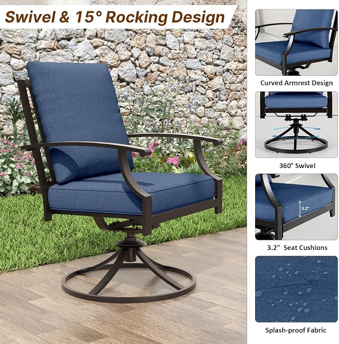 ALAULM 9-Piece Patio Dining Set,Outdoor Metal Dining Set with 8 Swivel Chairs & Rectangle Table with 1.5 Umbrella Hole, Patio Dining Table and Chairs for Backyard,Navy