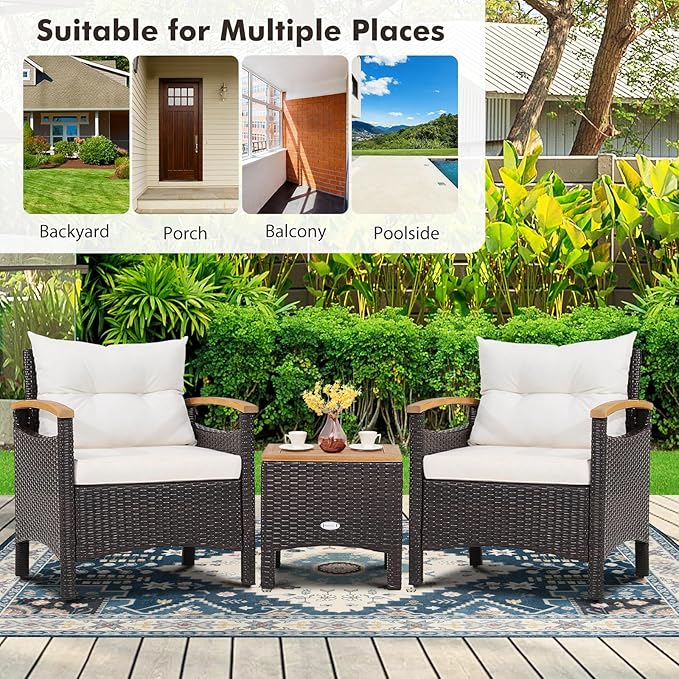KOTEK 3 Piece Patio Furniture Set, Outdoor Conversation Set with Removable Cushions, Acacia Wood Tabletop and Armrests, PE Rattan Wicker Bistro Set for Porch, Balcony, Backyard (White), Onesize