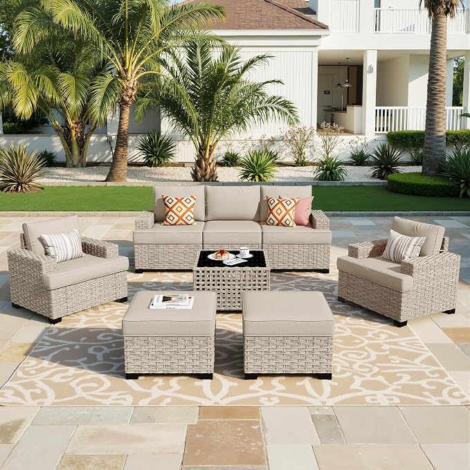 Weaxty 8 Pieces Outdoor Furniture Set, Patio Sectional Sofa Wide Seats Couch Chair with Ottoman Solar Table, Thick Cushion All-Weather Rattan Patio Conversation Sets for Backyard Porch Deck, Beige