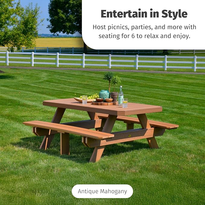 LuxCraft 6 Foot Poly Rectangular Picnic Table - Outdoor Furniture, Dining Height Table with Umbrella Hole, Seats 6 Adults, All Weather - Amish Made in USA (Antique Mahogany & Black)