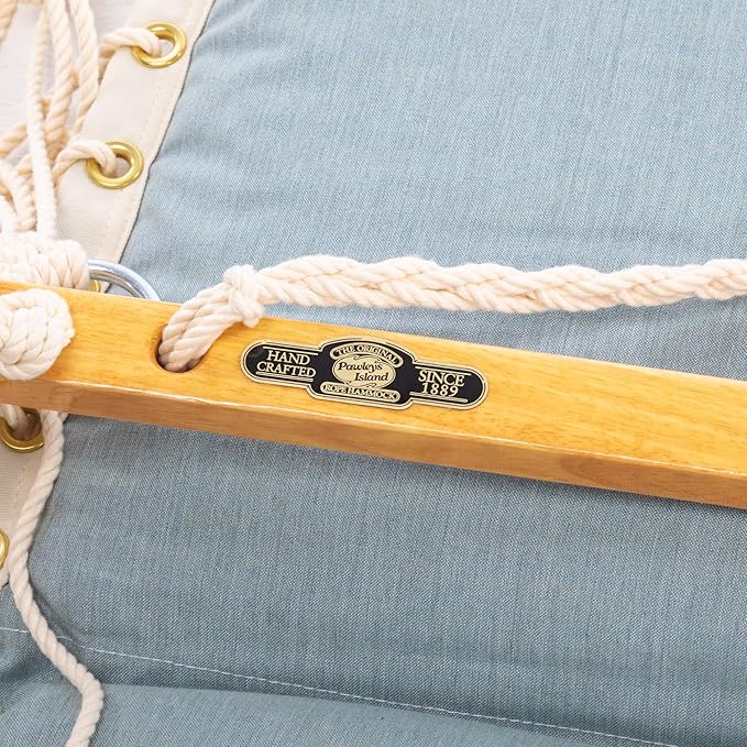 Original Pawleys Island Sunbrella Cushioned Single Swing – Cast Mist, Oak Spreader Bar, 350 lb Capacity, 24 in. x 24 in., Handcrafted in The USA