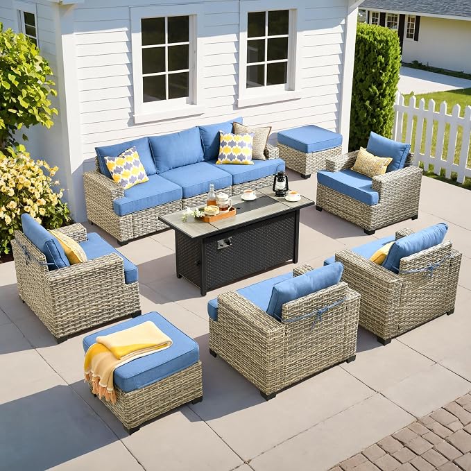 10 Pcs Outdoor Sectional Patio Furniture Set with Fire Pit Table - All Weather Wicker Modular Outside Sectional Couch,Patio Seating Outdoor Conversation Sets for Deck Yard Garden,Blue
