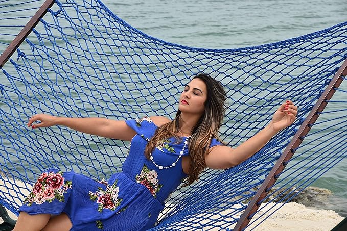 Island Escape Rope Hammock and Stand Set (Mocha Stand and Dark Blue Hammock)