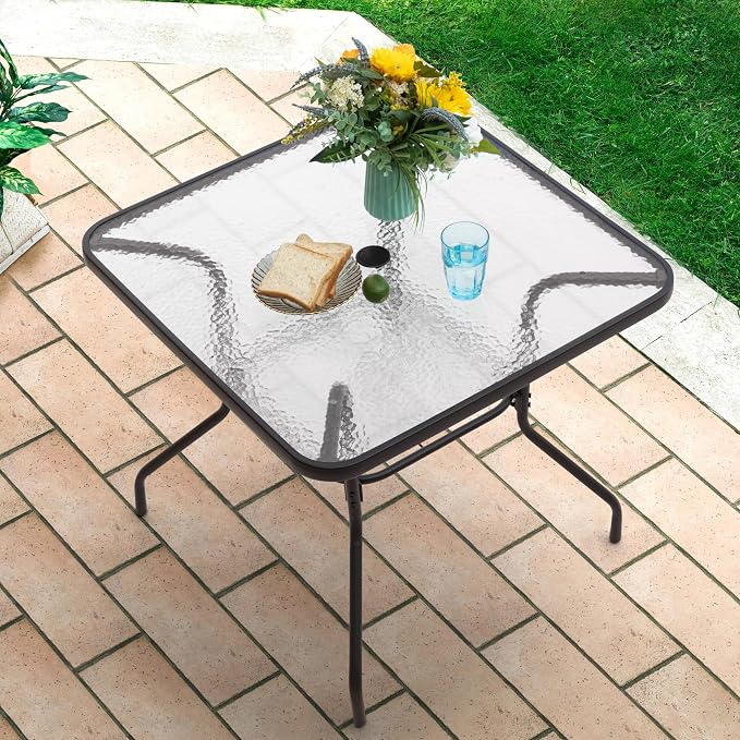 NUU GARDEN 31.5" Square Patio DiningTable, Patio Table with Umbrella Hole, Patio Dining Table with Tempered Glass, Outdoor Dining Tables, Square Patio Table for Balcony,Black