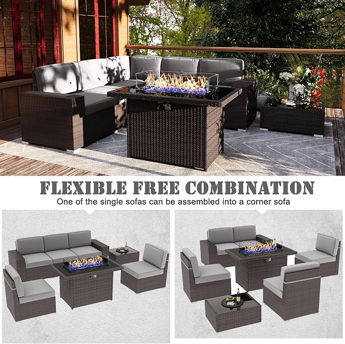 7 Pieces Patio Furniture Set with 44" Propane Gas Fire Pit Table, Outdoor Sectional Wicker Conversation Sofa Sets with Coffee Table